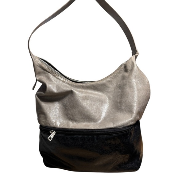 Hobo Joyce Two Tone Leather Shoulder Bag Stone Black Zip Top Carryall - Picture 3 of 16